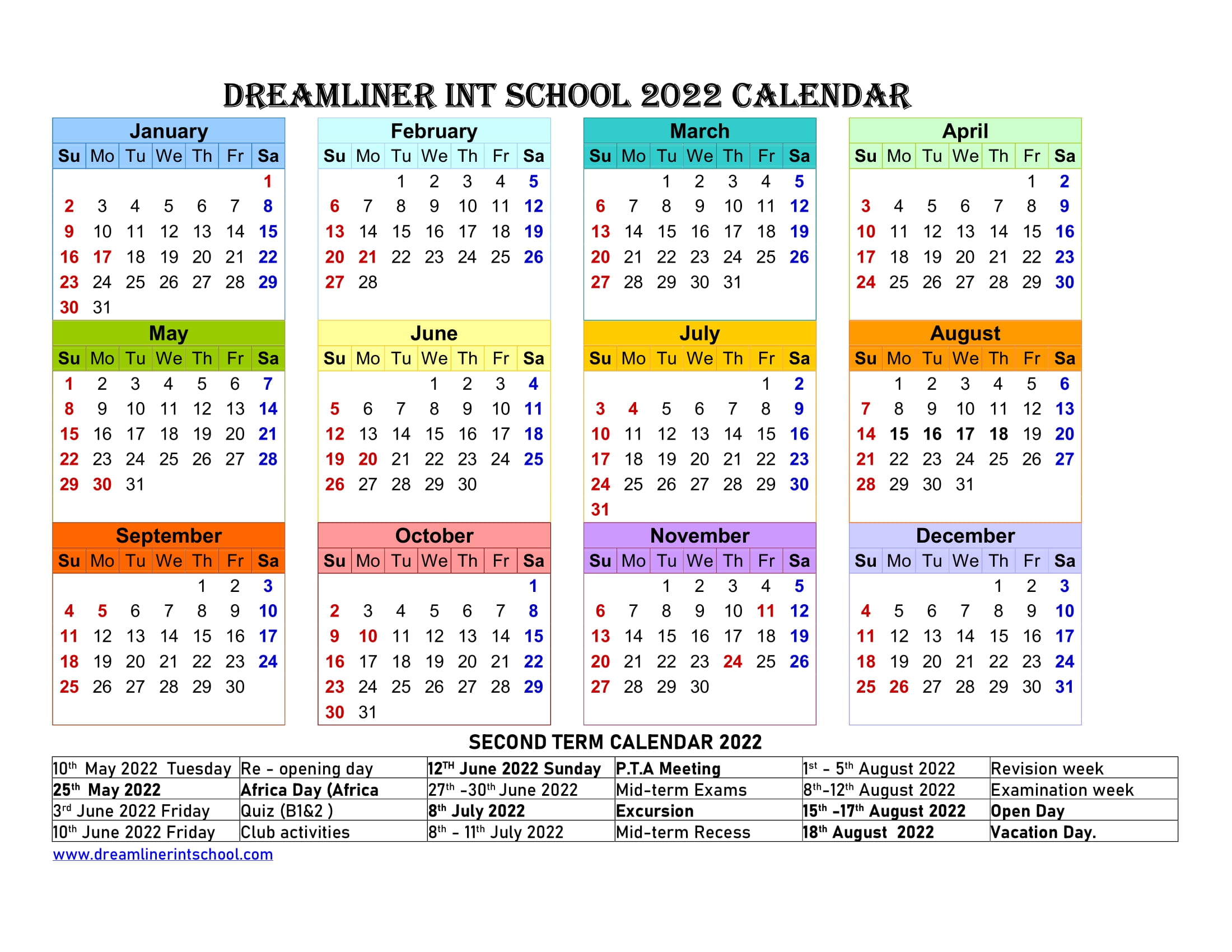 Academic Calendar Dreamliner International School